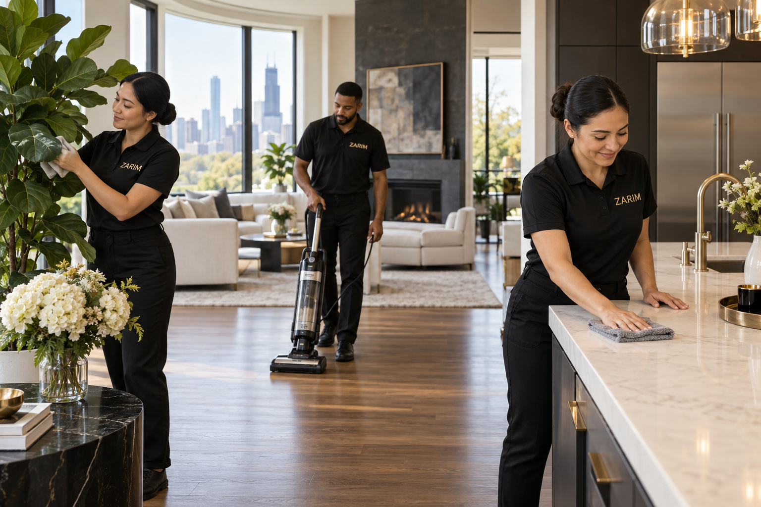 ZARIM team members vacuuming, caring for plants and detailing a kitchen surface